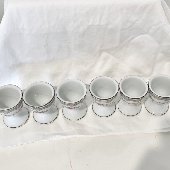 Noritake Porcelain Egg Cups Pink Roses Floral Silver Rim Set of 6 Japan Vintage - Picture 3 of 6